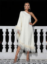 Ceridwen One Shoulder Feather Trimmed Midi Dress In White