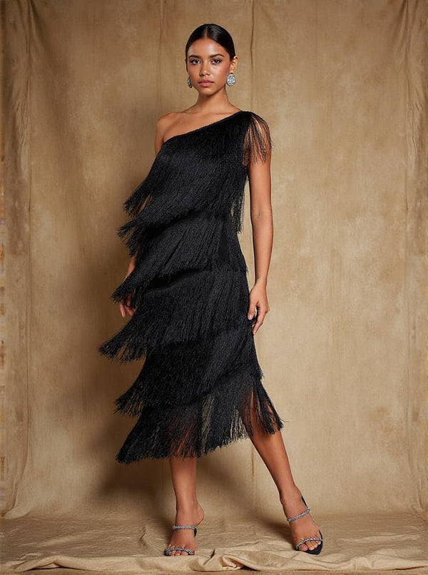 Stiorra One Shoulder Fringe Midi Dress