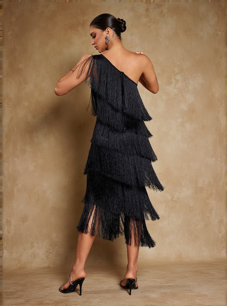 Stiorra One Shoulder Fringe Midi Dress