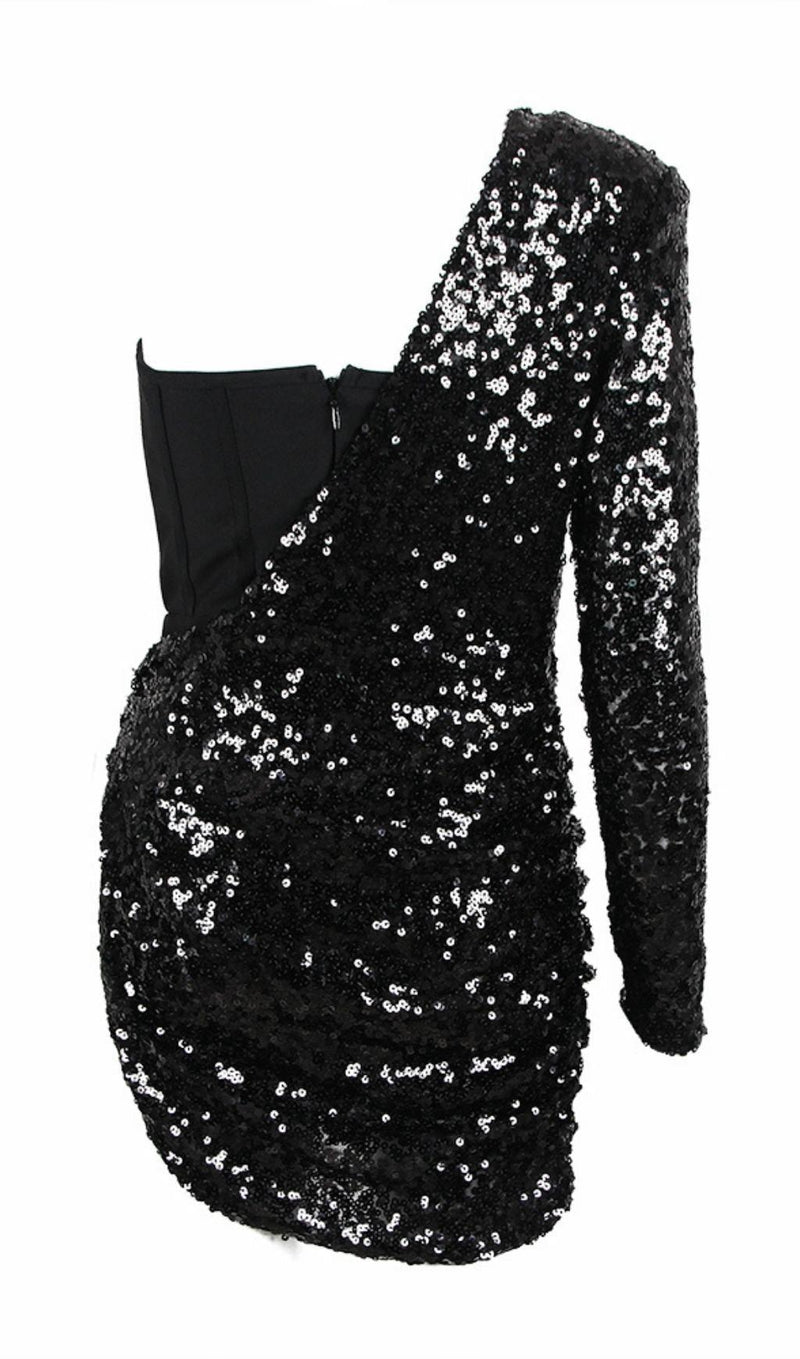 ASYMMETRIC SEQUIN RUCHED MINI DRESS IN BLACK