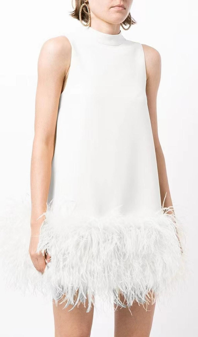 FEATHER MINI DRESS IN WHITE