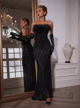 Inaki Corset Feather Sequin Maxi Dress With Gloves