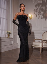 Inaki Corset Feather Sequin Maxi Dress With Gloves