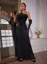 Inaki Corset Feather Sequin Maxi Dress With Gloves