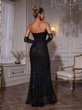 Inaki Corset Feather Sequin Maxi Dress With Gloves