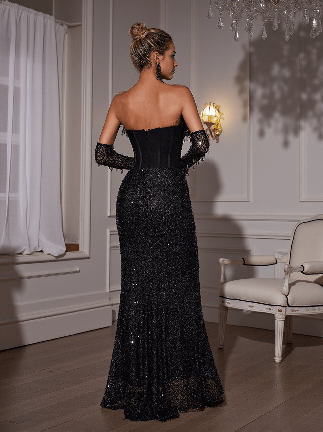Inaki Corset Feather Sequin Maxi Dress With Gloves