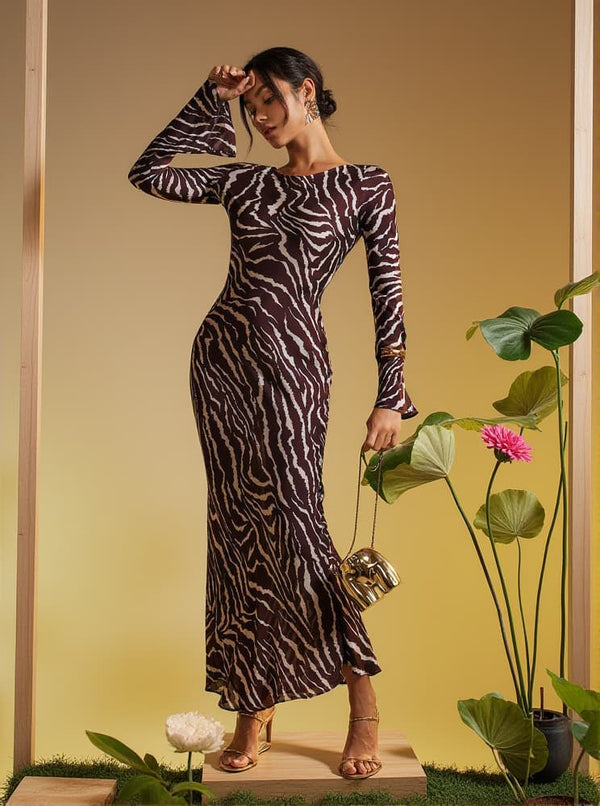 Cecily Long Sleeve Tiger Printed Maxi Dress