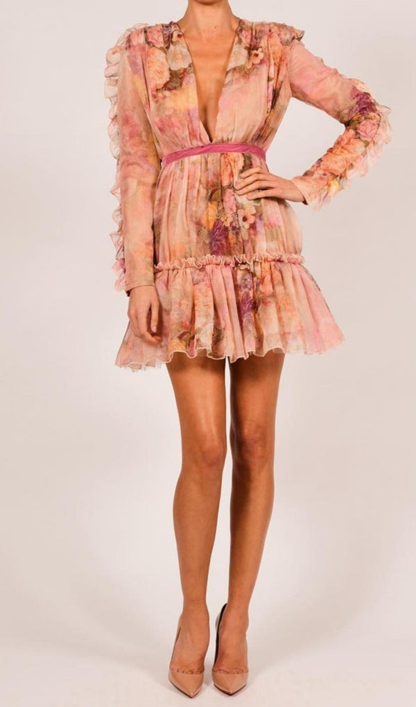 LONG SLEEVE PRINT MINI DRESS IN PINK