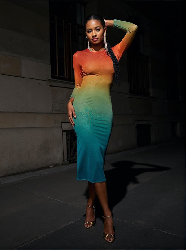 Celestial Ombre Long Sleeve Mesh Midi Dress