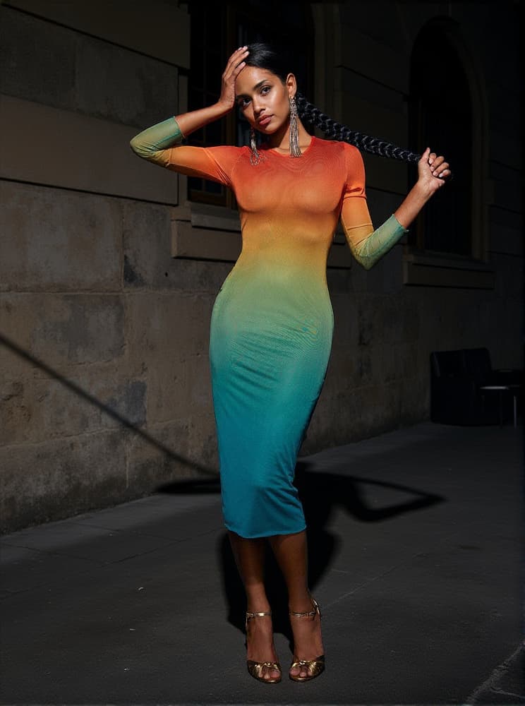 Celestial Ombre Long Sleeve Mesh Midi Dress