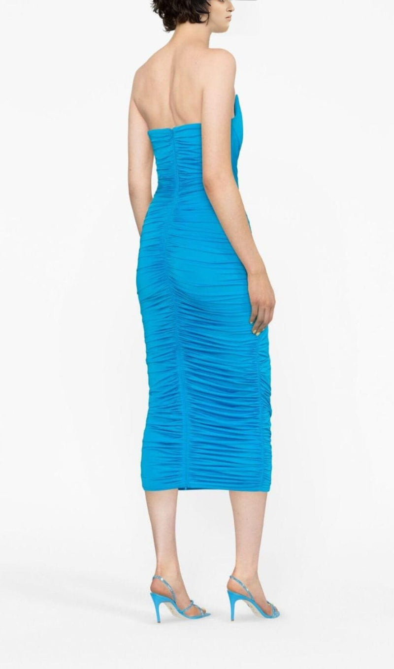 BLUE RUCHED STRAPLESS MIDI DRESS