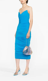 BLUE RUCHED STRAPLESS MIDI DRESS