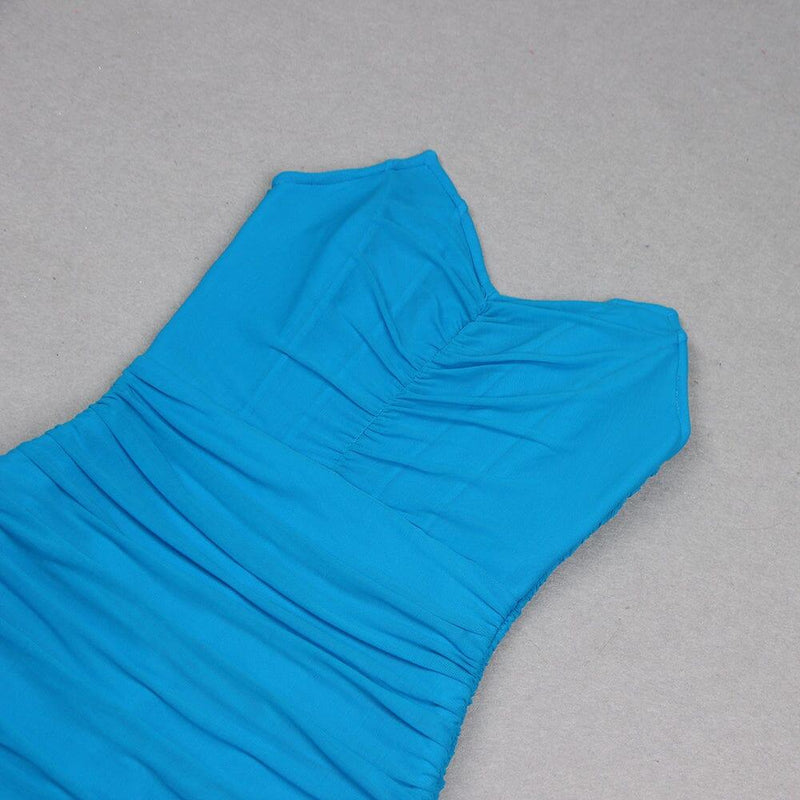 BLUE RUCHED STRAPLESS MIDI DRESS