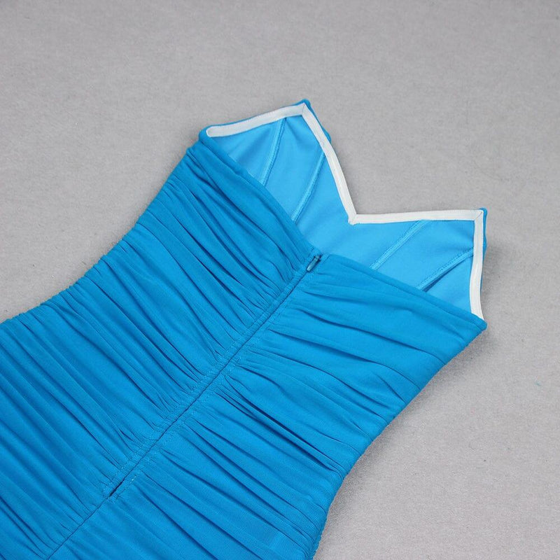 BLUE RUCHED STRAPLESS MIDI DRESS