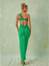 Emi One Shoulder Backless Maxi Dress In Green