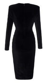 BLACK VELVET SATIN V-NECK DRESS