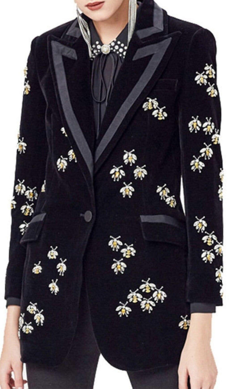 BLACK VELVET BLAZER JACKET WITH RHINESTONE BEES