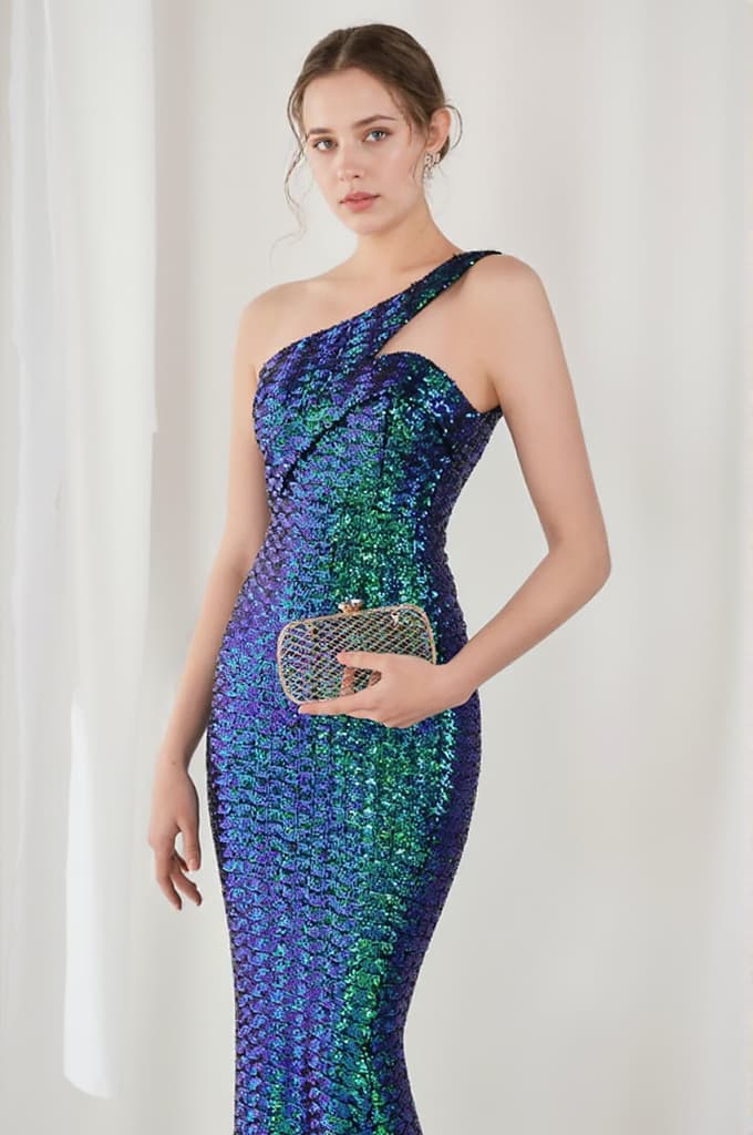 Anura Sequin One Shoulder Pleat Dress