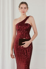 Anura Sequin One Shoulder Pleat Dress