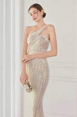 Anura Sequin One Shoulder Pleat Dress