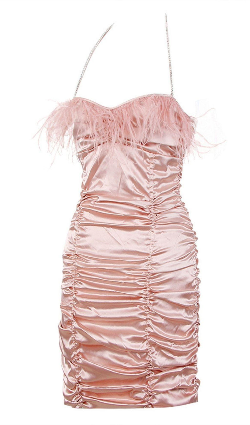 RUCHED FEATHER MINI DRESS IN PINK