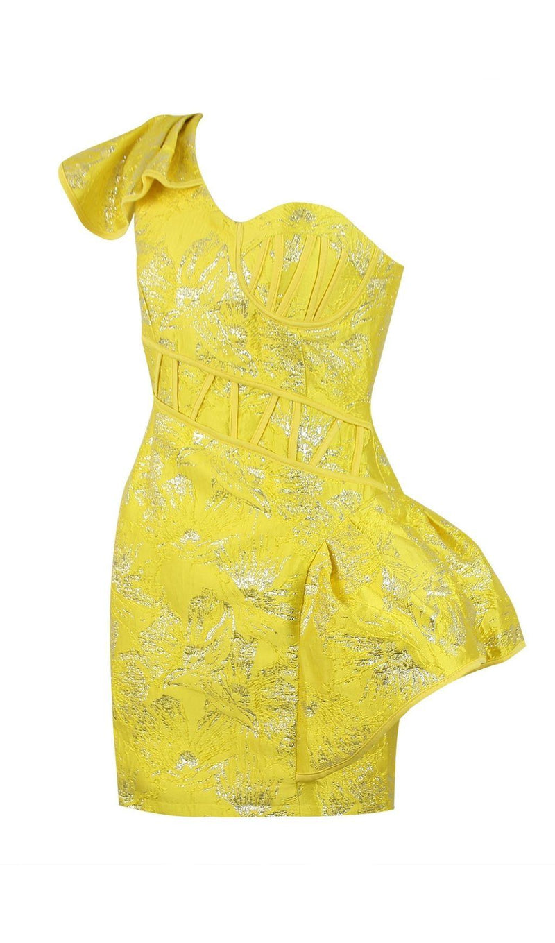 JACQUARD ONE SHOULDER MINI DRESS IN YELLOW