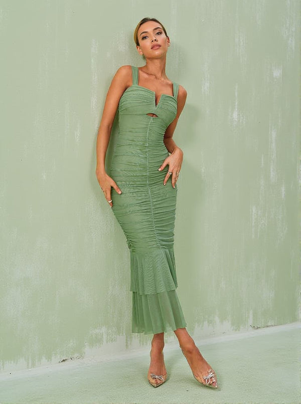 Eri Ruched Mesh Maxi Dress In Green