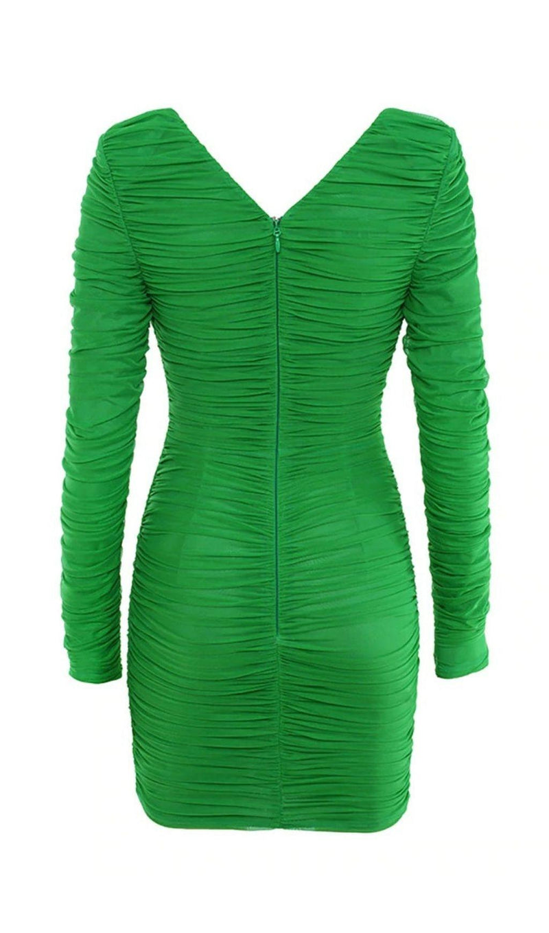 PLUNGE RUCHED MINI DRESS IN GREEN