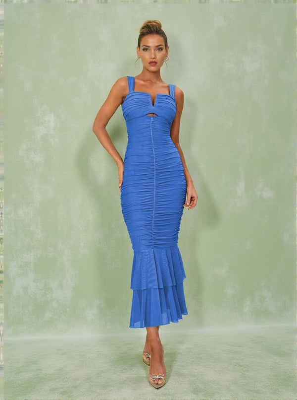 Eri Ruched Mesh Maxi Dress In Blue