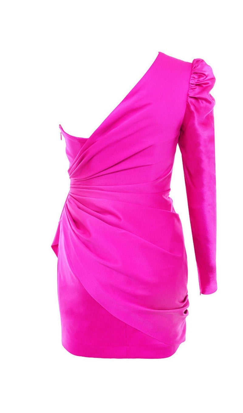 ONE SHOULDER DRAPED SATIN DRESS IN PINK