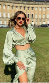 SILKY SATIN DRAPED TWO PIECE SET IN GREEN