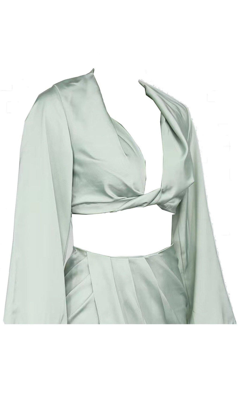 SILKY SATIN DRAPED TWO PIECE SET IN GREEN