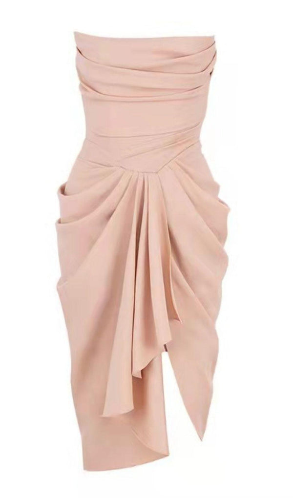 SILK STRAPLESS RUCHED MIDI DRESS IN PINK