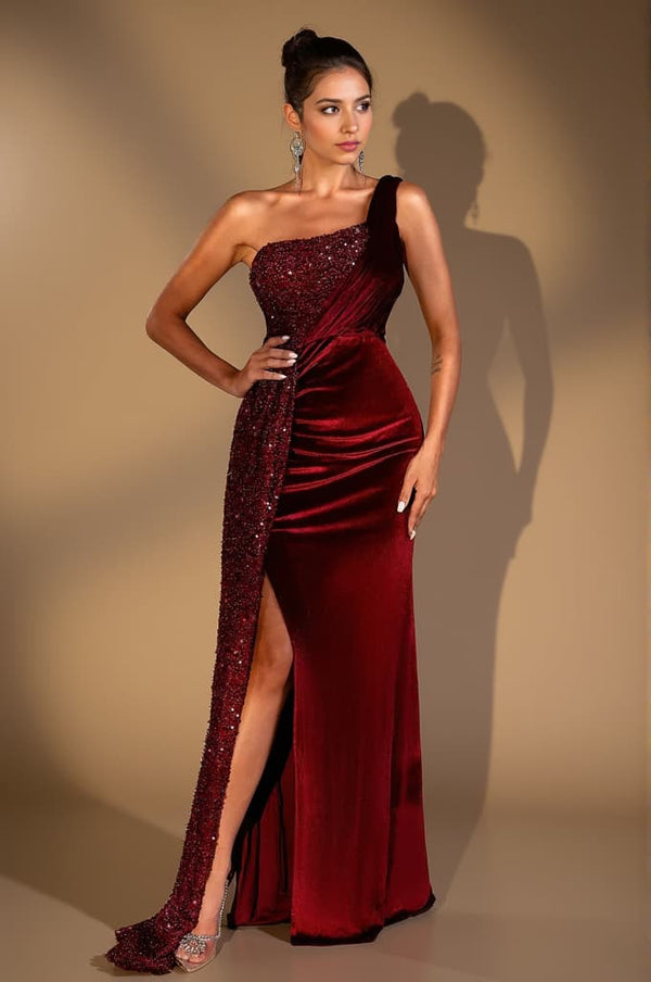 Orchid Sequin Velvet Pleat Highslit Dress