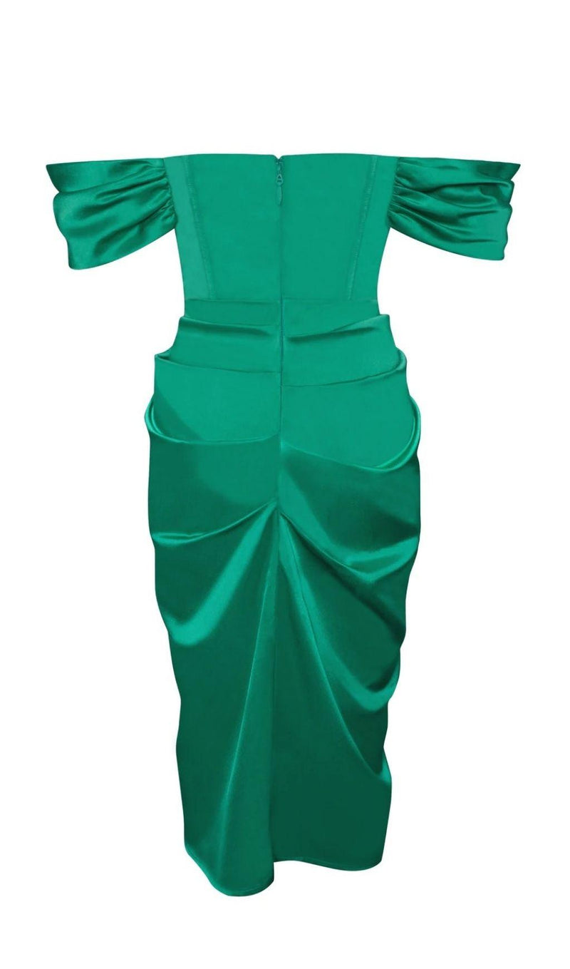 OFF SHOULDER SATIN CORSET MIDI DRESS IN GREEN