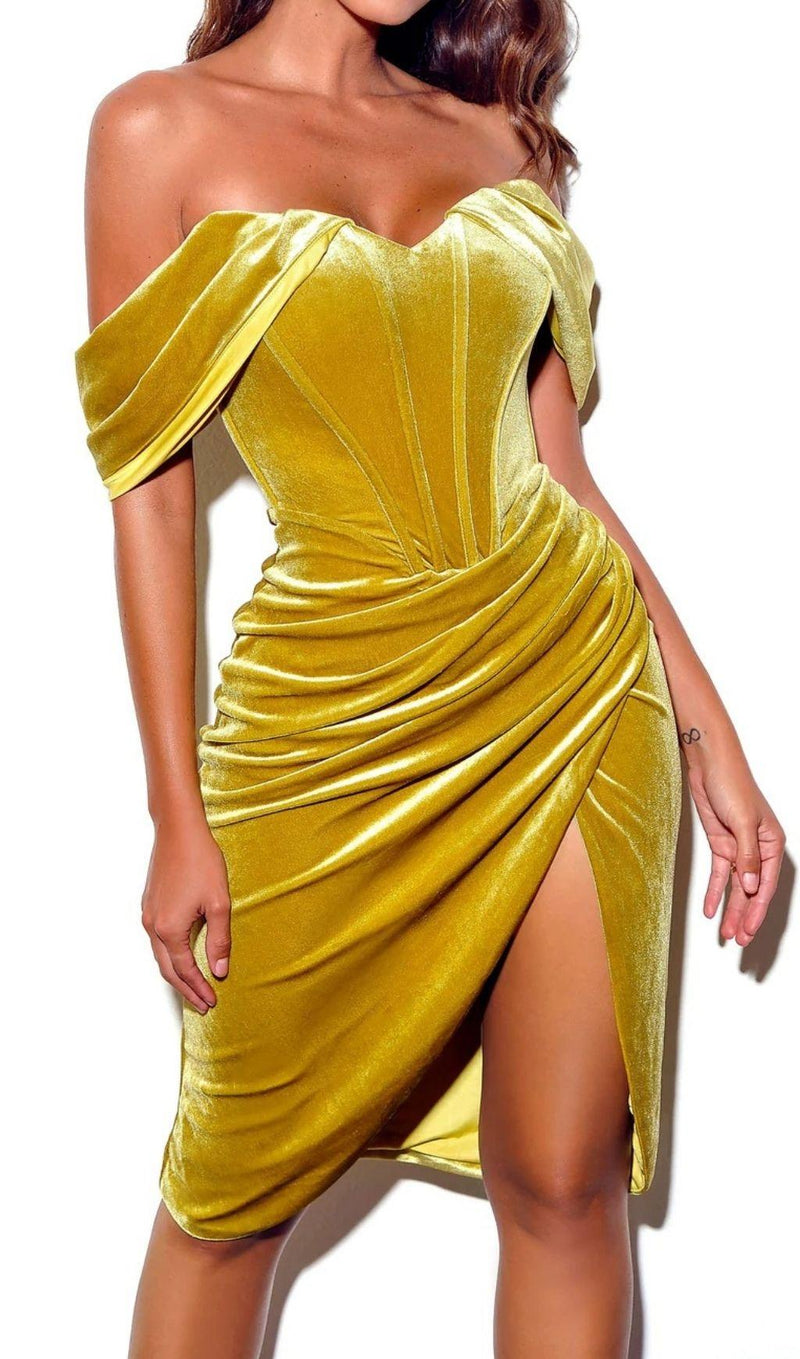 VELVET OFF SHOULDER CORSET DRESS IN GOLD