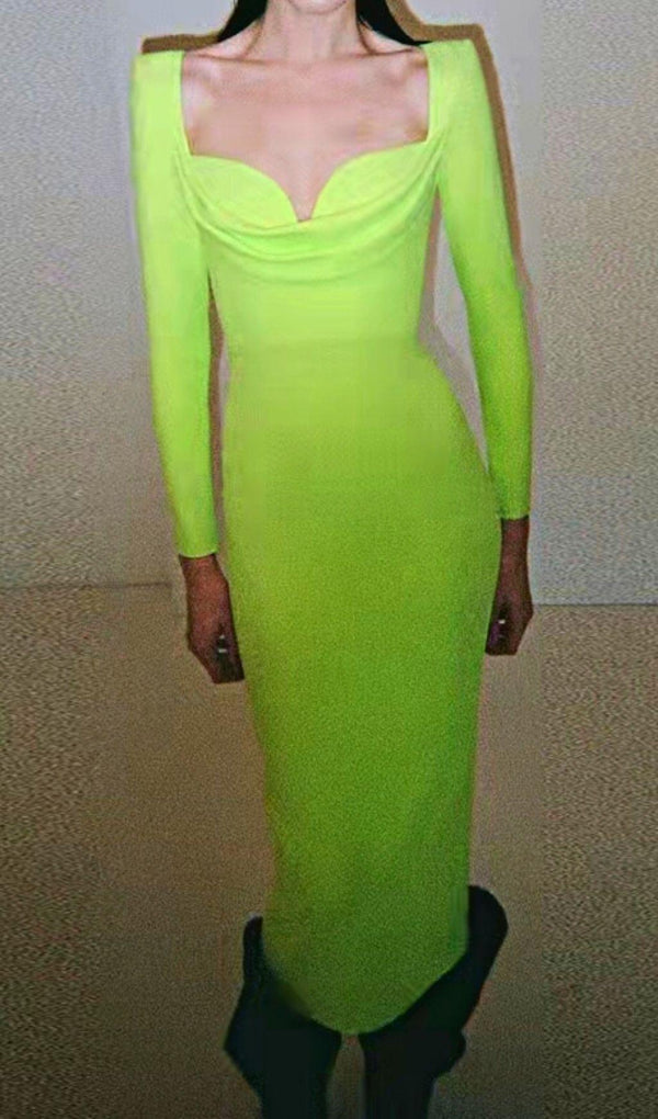 BANDAGE LONG SLEEVE MIDI DRESS IN FLUORESCENT GREEN