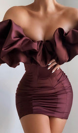 BURGUNDY SATIN RUFFLE STRAPLESS DRESS