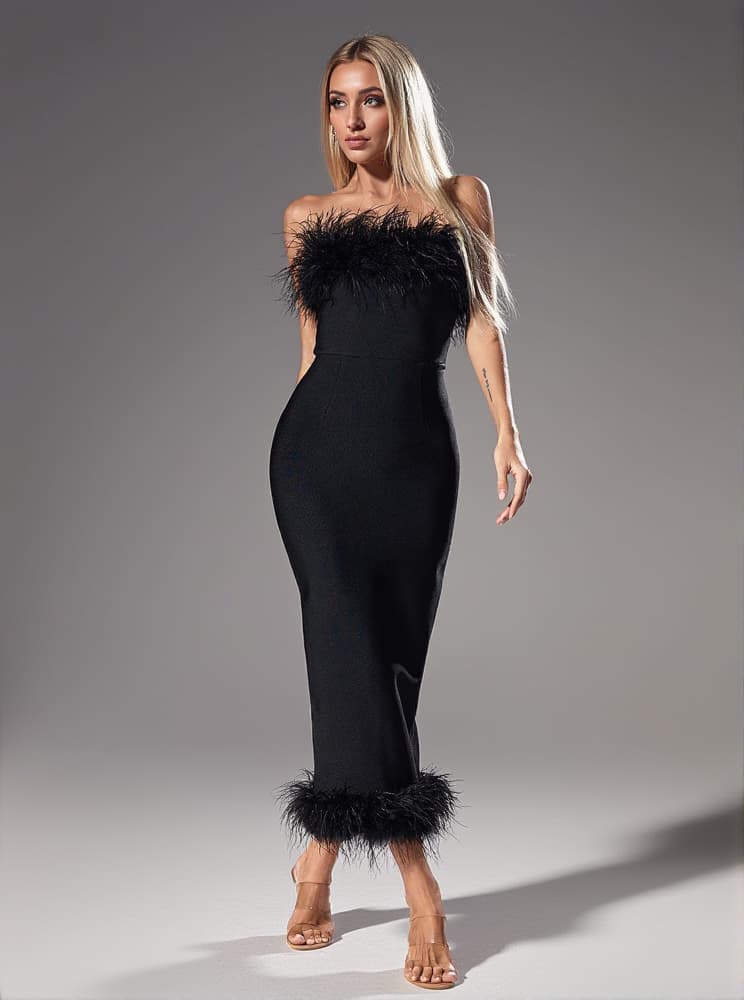 Salome Strapless Feather Trimmed Bandage Dress In Black