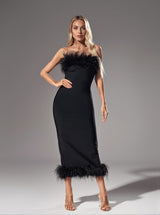 Salome Strapless Feather Trimmed Bandage Dress In Black