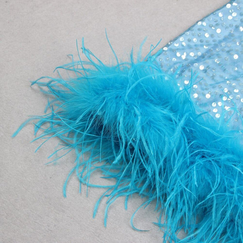 TURQUOISE JEWEL SEQUIN FEATHER MINI DRESS