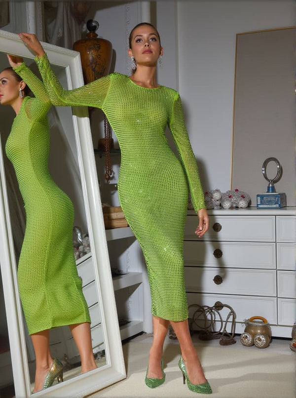 Neriah Long Sleeve Crystal Midi Dress In Green