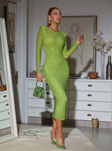 Neriah Long Sleeve Crystal Midi Dress In Green