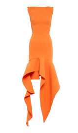 RUFFLED ASYMMETRIC HIGH-LOW DRESS IN ORANGE