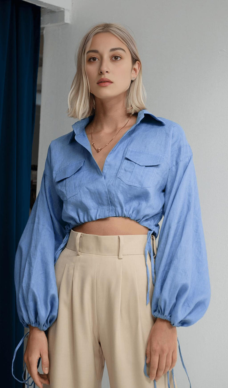 BRAWSTRING WAIST SHORT SHIRT IN BLUE