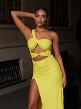 Pansy One Shoulder Cutout Maxi Dress In Yellow