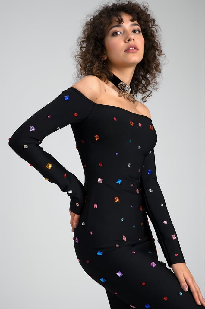 Ganide Crystal Long Sleeve Midi Dress