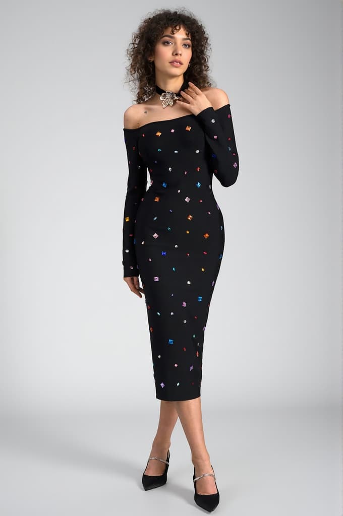 Ganide Crystal Long Sleeve Midi Dress