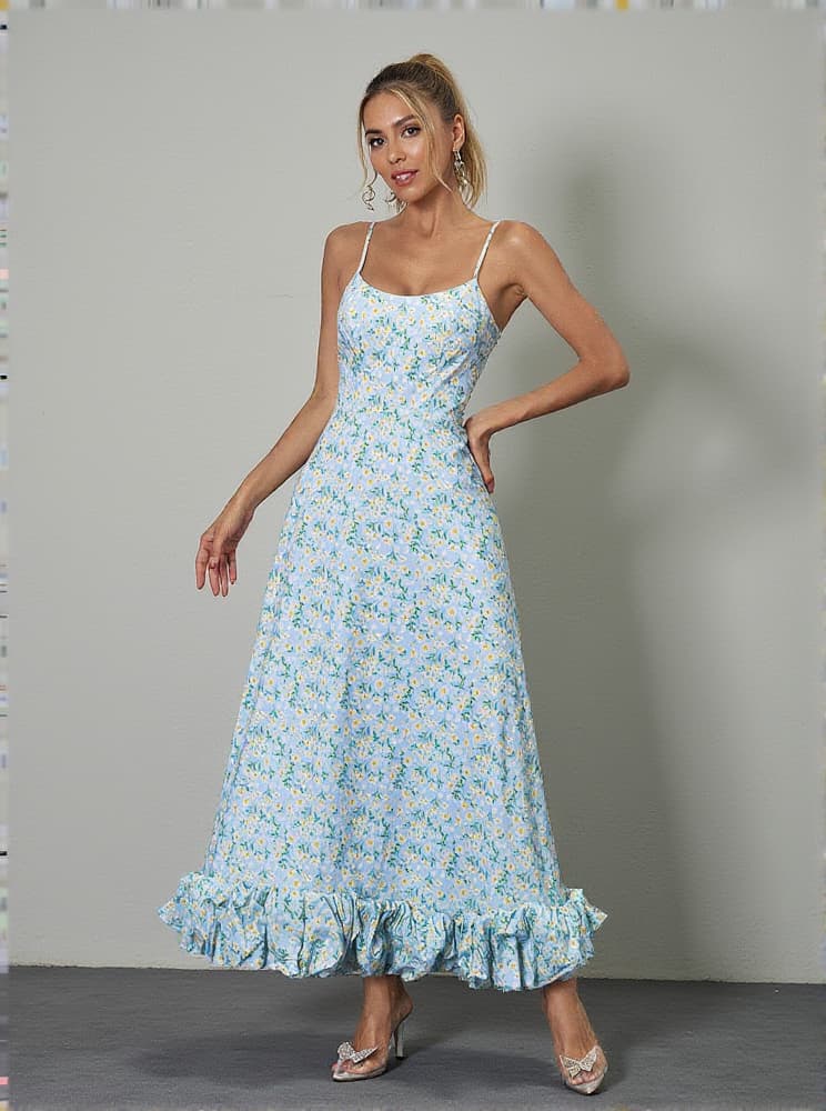 Ilsa Spaghetti Floral Maxi Dress In Blue