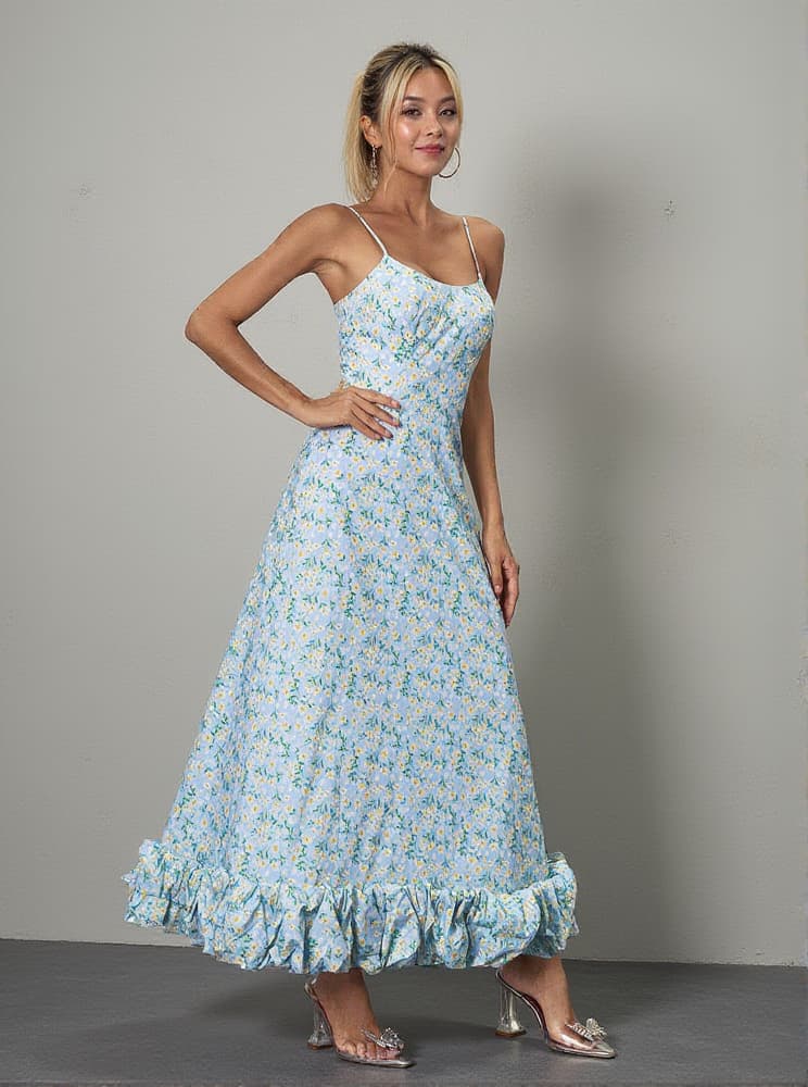 Ilsa Spaghetti Floral Maxi Dress In Blue